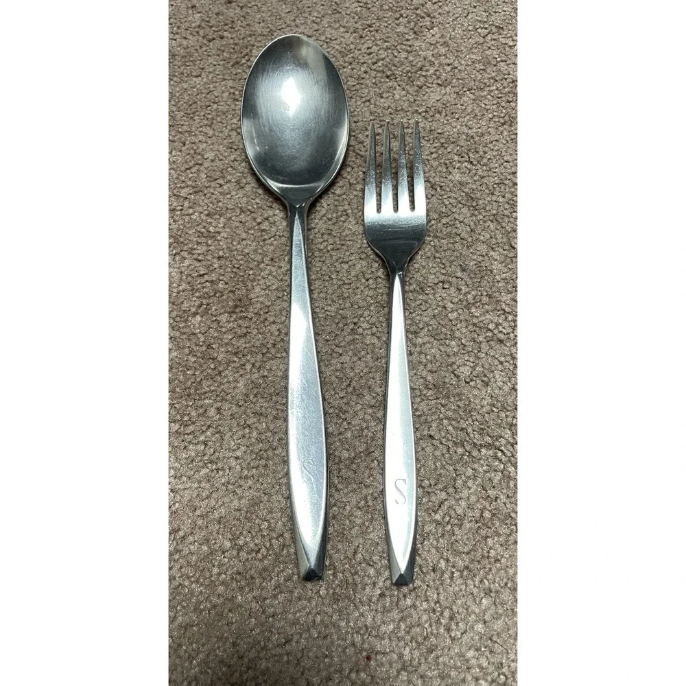 Insico Stainlesss Serving Spoon Fork S monogram USA 2 Silverware‎